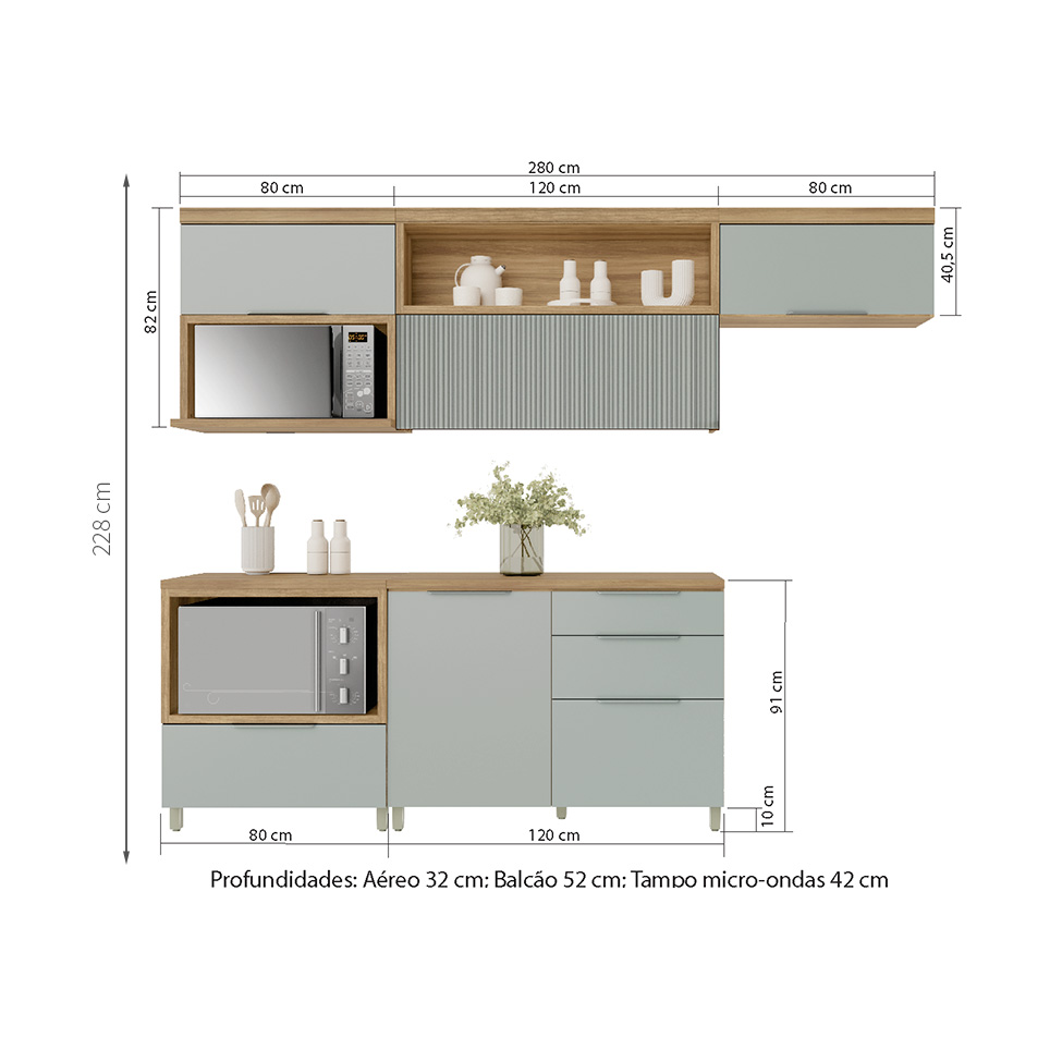 Cozinha Compacta com Nicho para Microondas Marquesa 100% MDF 4 Portas 4 Gavetas Verde e Nature