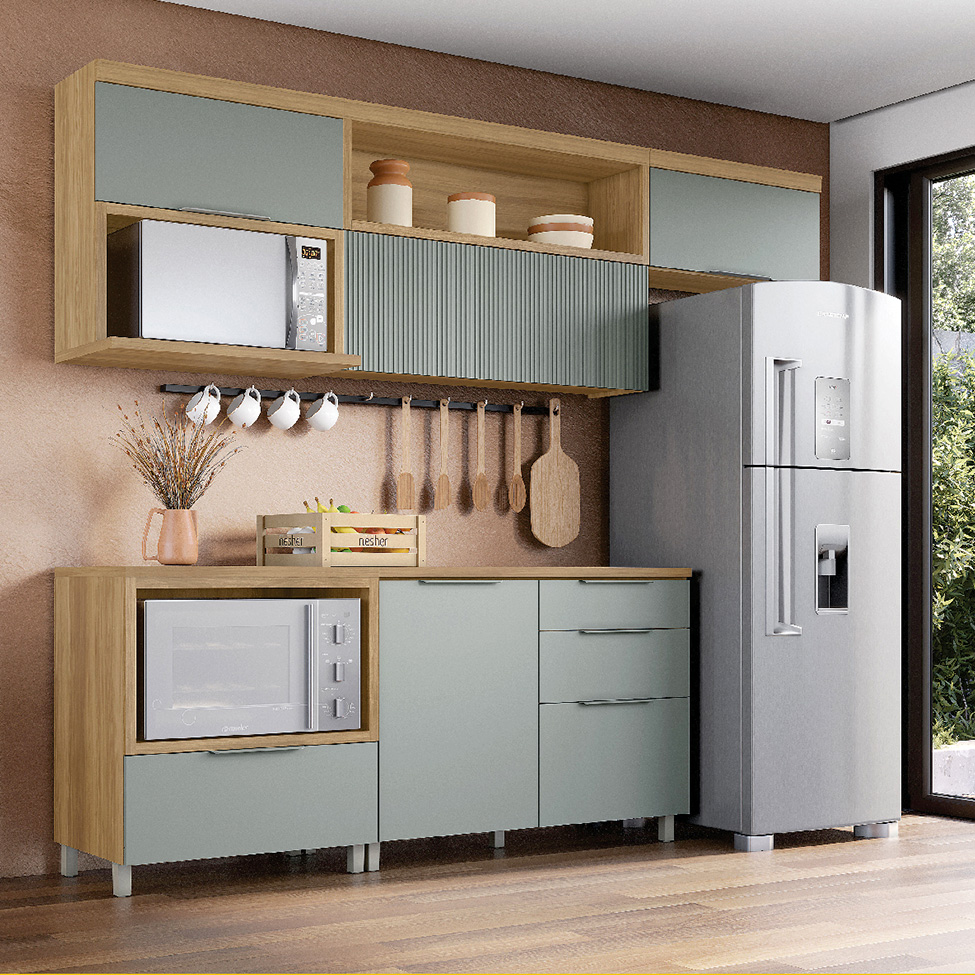 Cozinha Compacta com Nicho para Microondas Marquesa 100% MDF 4 Portas 4 Gavetas Verde e Nature