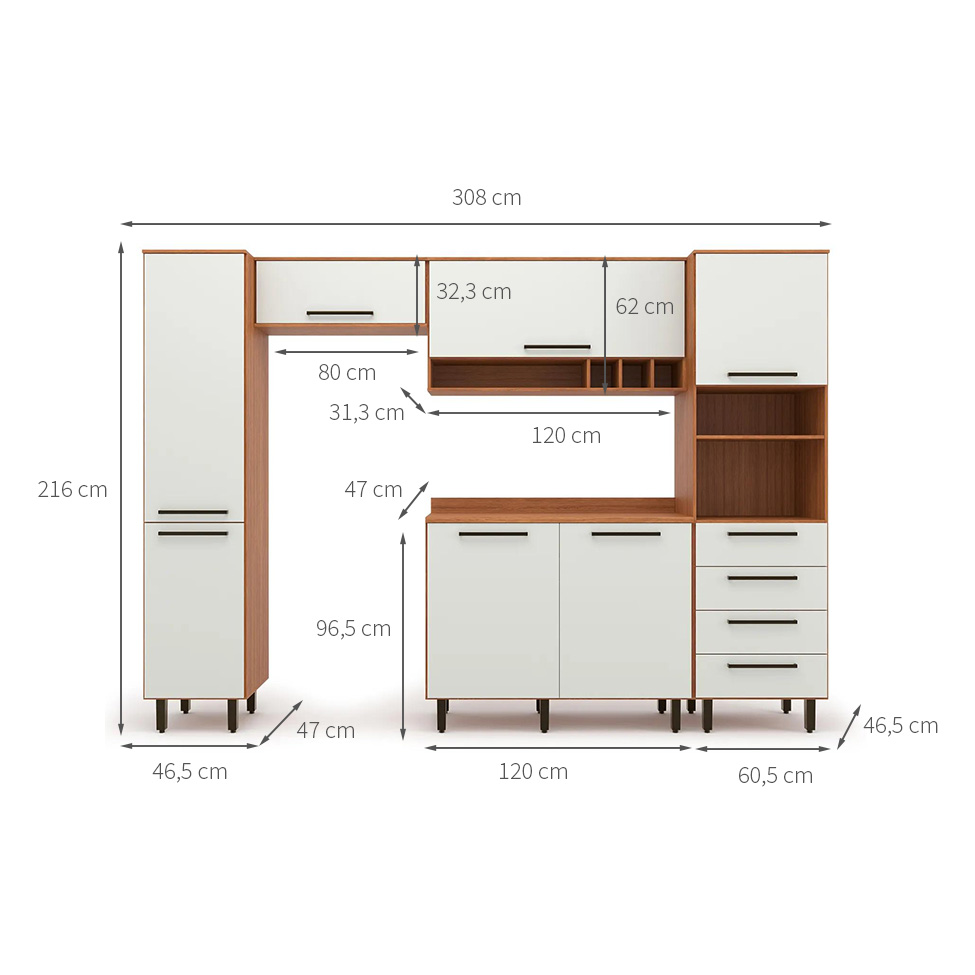 Cozinha Compacta com Paneleiro Evolution 7 Portas 4 Gavetas Off White e Freijó