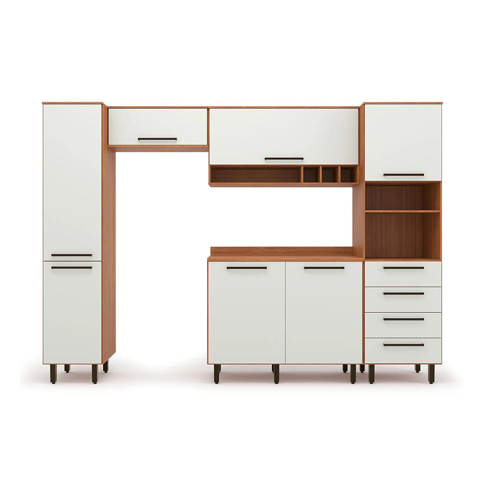 Cozinha Compacta com Paneleiro Evolution 7 Portas 4 Gavetas Off White e Freijó