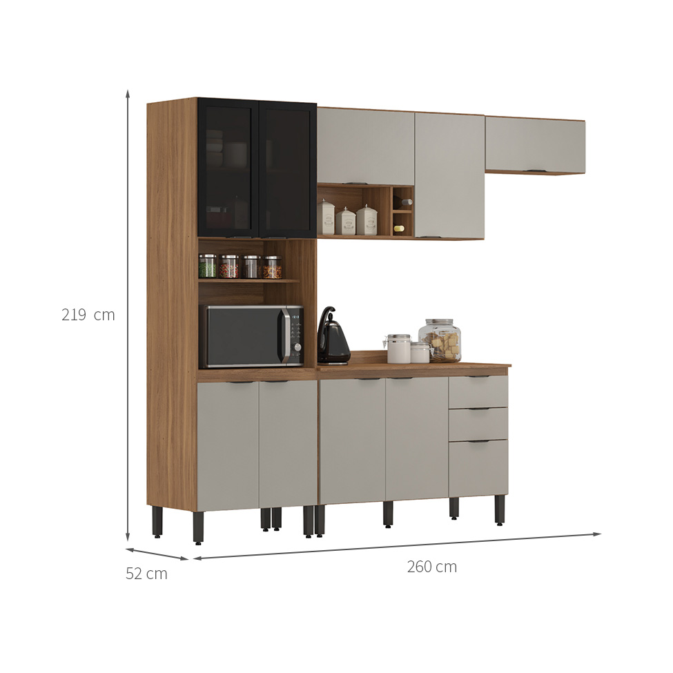 Cozinha Compacta com Tampo Firenze 10 Portas 2 Gavetas Amêndola e Bege