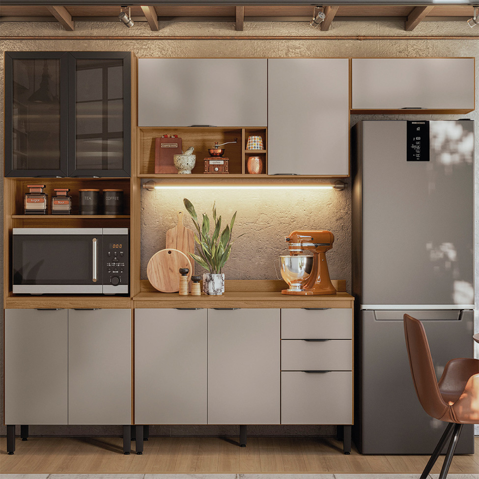 Cozinha Compacta com Tampo Firenze 10 Portas 2 Gavetas Amêndola e Bege