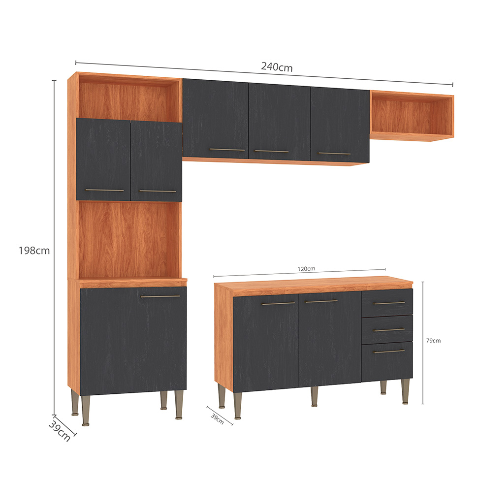 Cozinha Compacta com Tampo Malu 9 Portas 2 Gavetas Cinamomo e Grafite