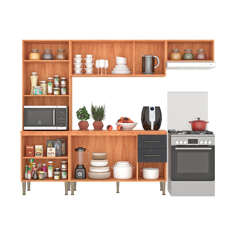 Cozinha Compacta com Tampo Malu 9 Portas 2 Gavetas Cinamomo e Grafite