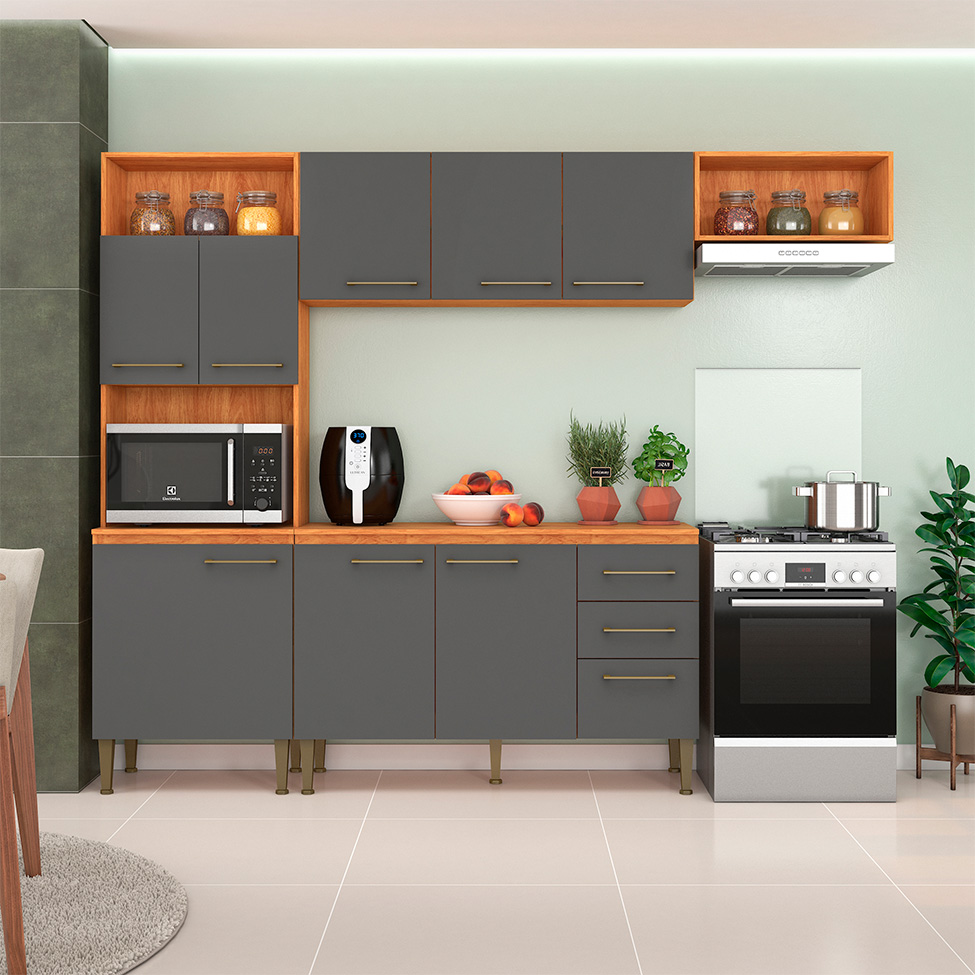 Cozinha Compacta com Tampo Malu 9 Portas 2 Gavetas Cinamomo e Grafite