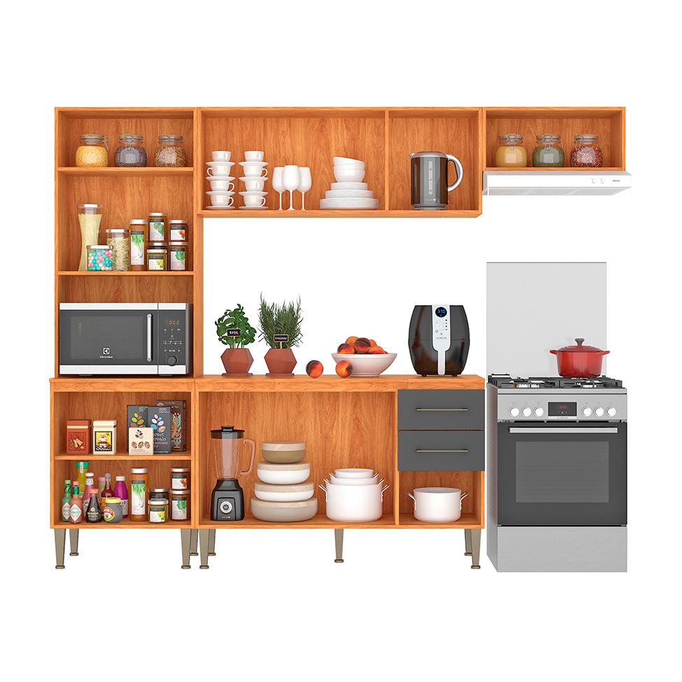 Cozinha Compacta com Tampo Malu 9 Portas 2 Gavetas Cinamomo e Grafite