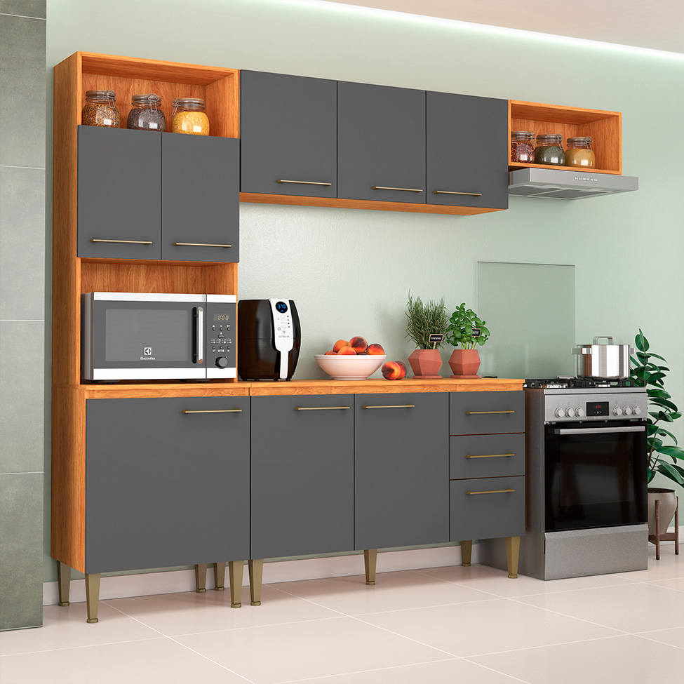 Cozinha Compacta com Tampo Malu 9 Portas 2 Gavetas Cinamomo e Grafite