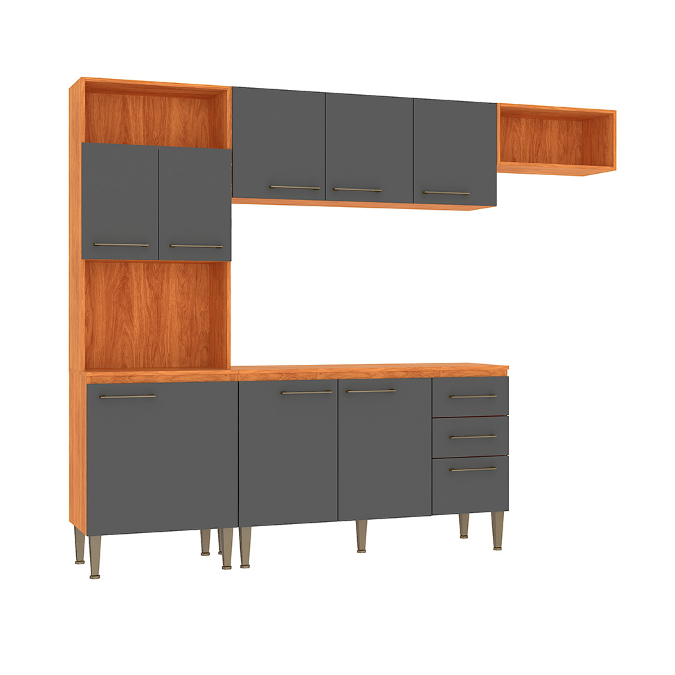 Cozinha Compacta com Tampo Malu 9 Portas 2 Gavetas Cinamomo e Grafite