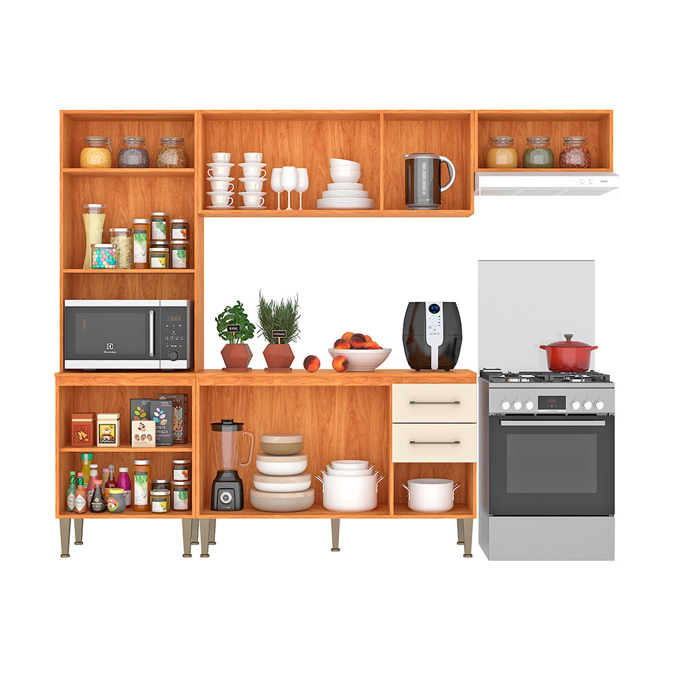 Cozinha Compacta com Tampo Malu 9 Portas 2 Gavetas Cinamomo e Off White