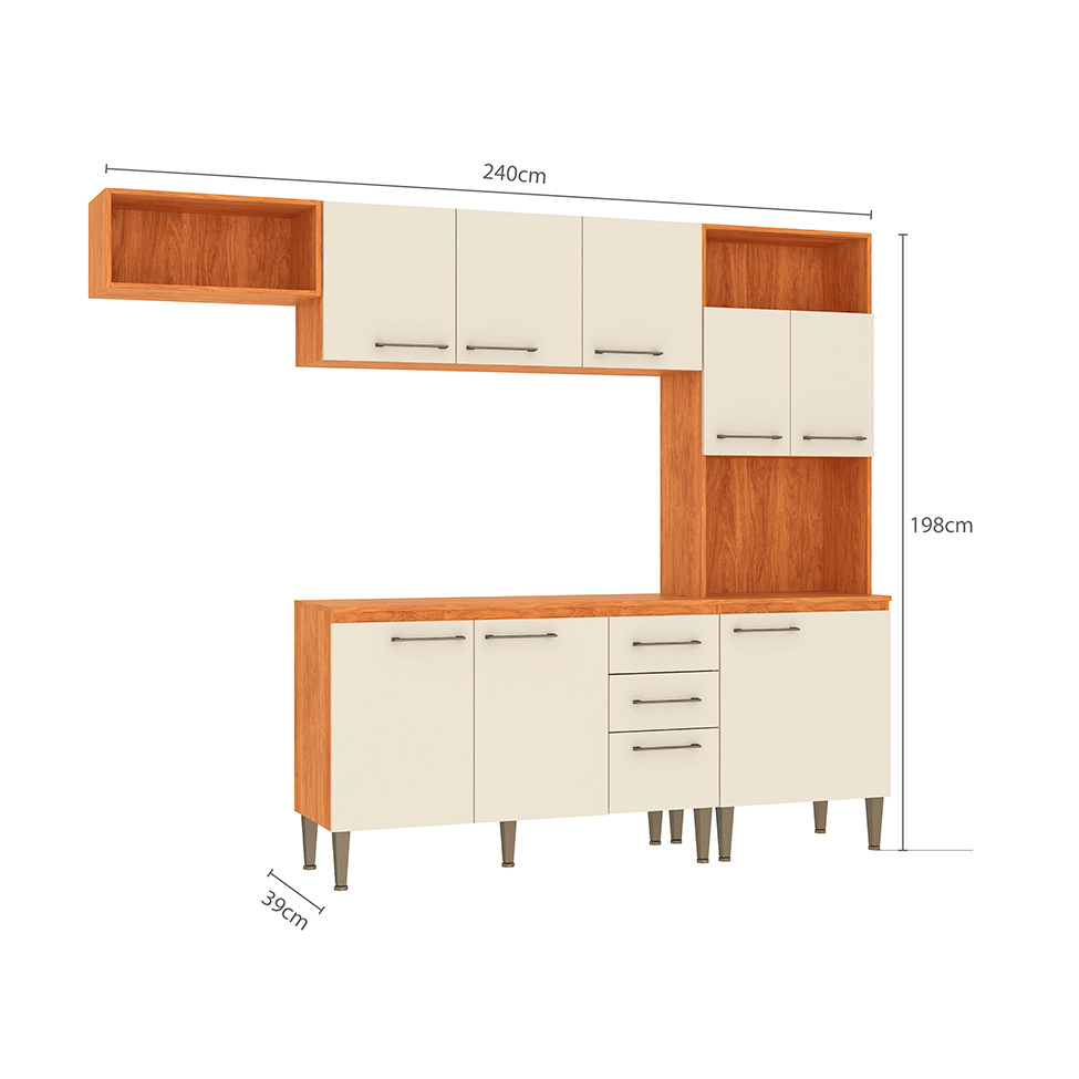 Cozinha Compacta com Tampo Malu 9 Portas 2 Gavetas Cinamomo e Off White