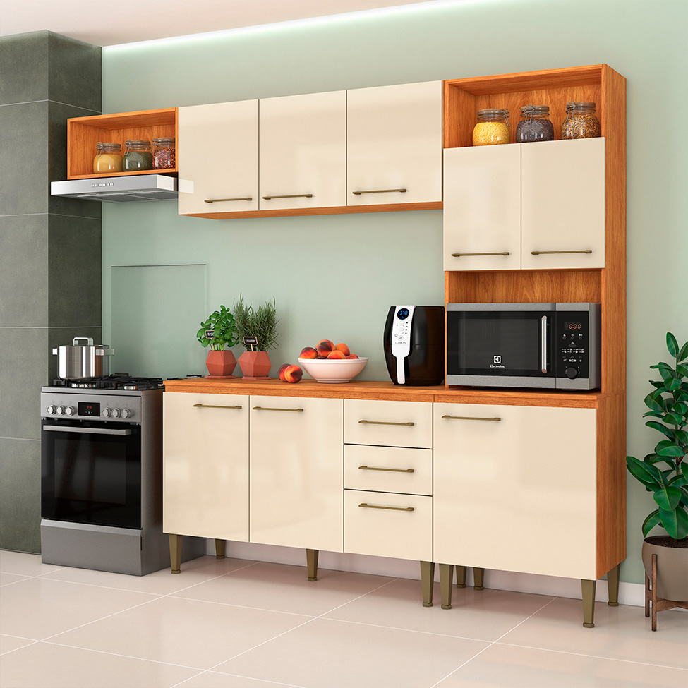 Cozinha Compacta com Tampo Malu 9 Portas 2 Gavetas Cinamomo e Off White