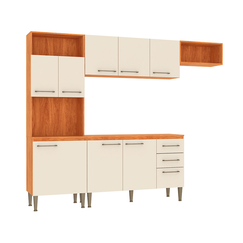 Cozinha Compacta com Tampo Malu 9 Portas 2 Gavetas Cinamomo e Off White