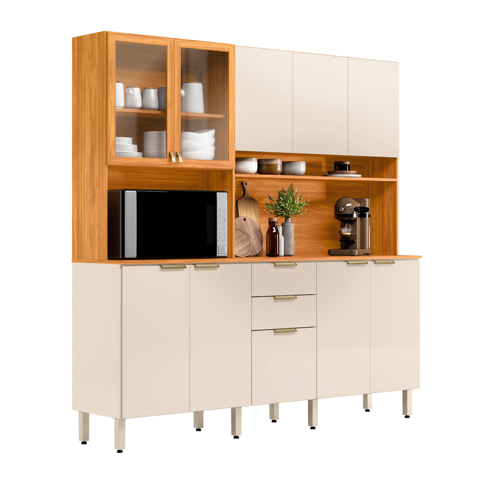 Cozinha Compacta com Vidro Amora 10 Portas 2 Gavetas Off White e Cinamomo