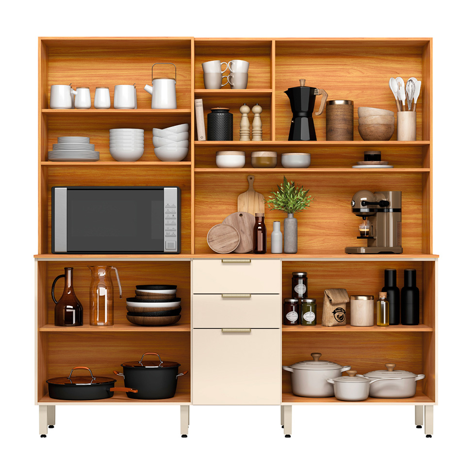 Cozinha Compacta com Vidro Amora 10 Portas 2 Gavetas Off White e Cinamomo