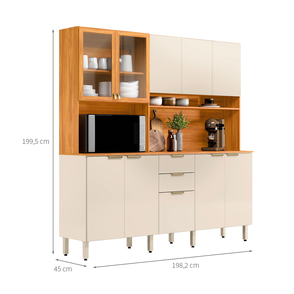 Cozinha Compacta com Vidro Amora 10 Portas 2 Gavetas Off White e Cinamomo