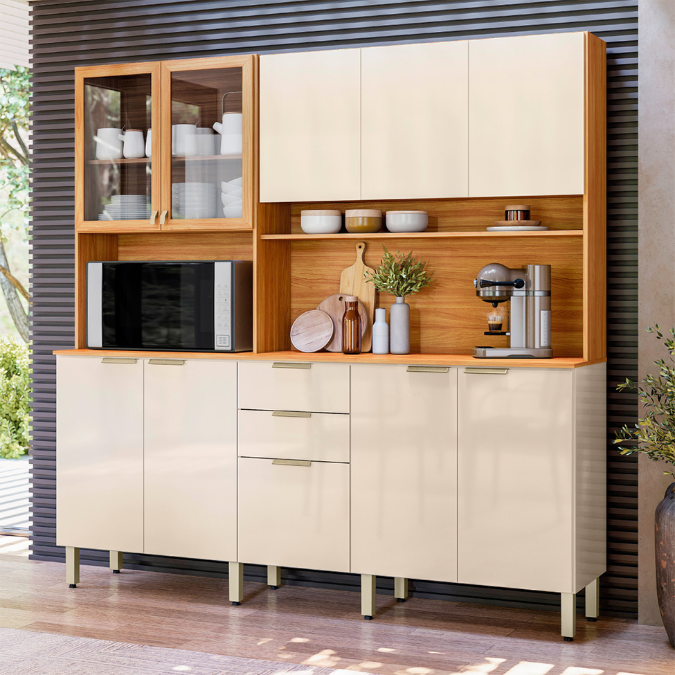 Cozinha Compacta com Vidro Amora 10 Portas 2 Gavetas Off White e Cinamomo
