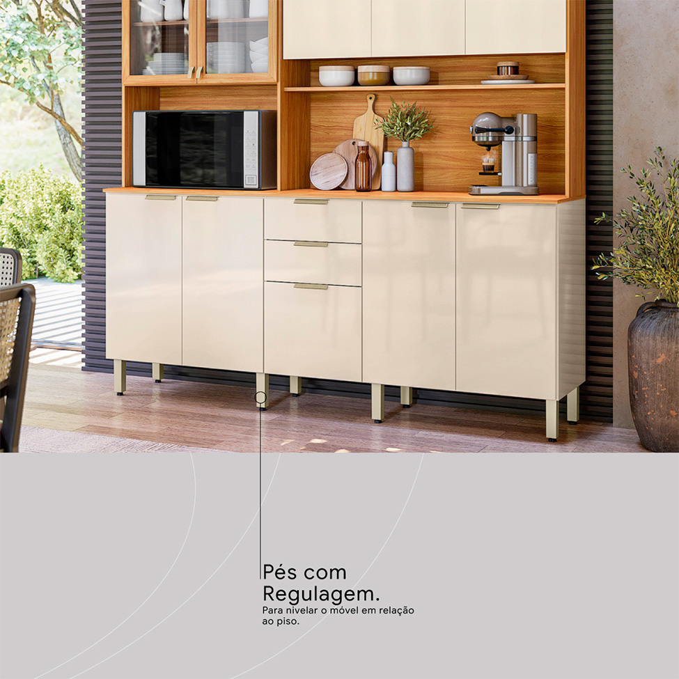 Cozinha Compacta com Vidro Amora 10 Portas 2 Gavetas Off White e Cinamomo