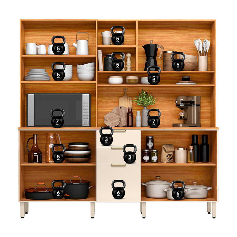 Cozinha Compacta com Vidro Amora 10 Portas 2 Gavetas Off White e Cinamomo