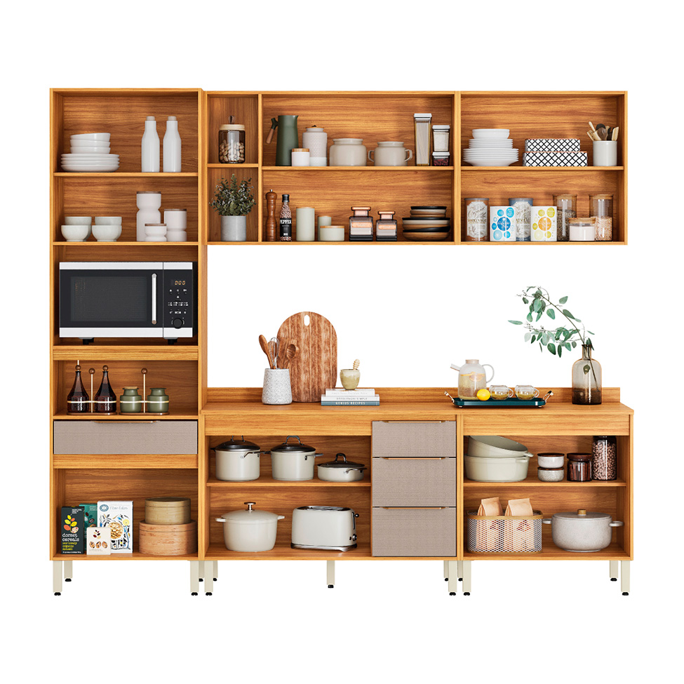 Cozinha Compacta com Vidro Reflecta Plena 12 Portas 4 Gavetas Nude e Cinamomo