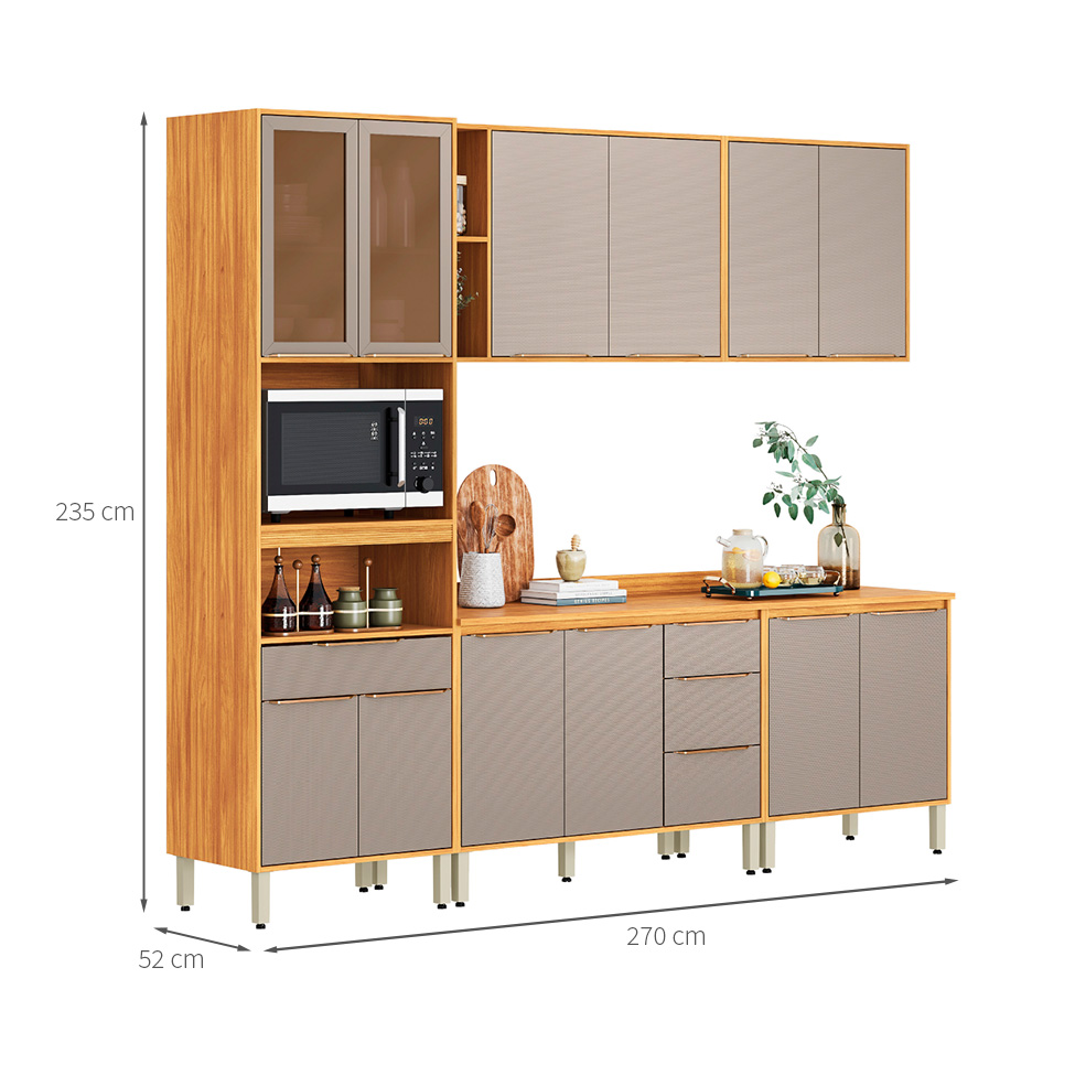 Cozinha Compacta com Vidro Reflecta Plena 12 Portas 4 Gavetas Nude e Cinamomo