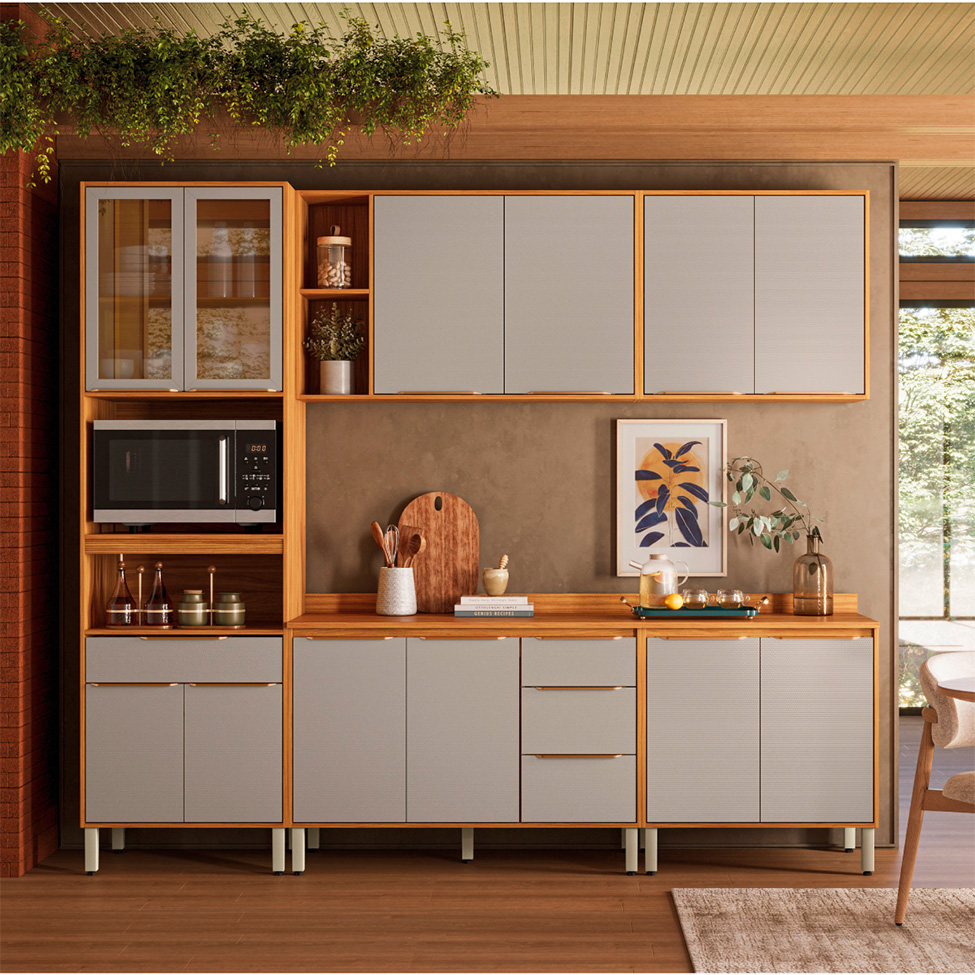 Cozinha Compacta com Vidro Reflecta Plena 12 Portas 4 Gavetas Nude e Cinamomo