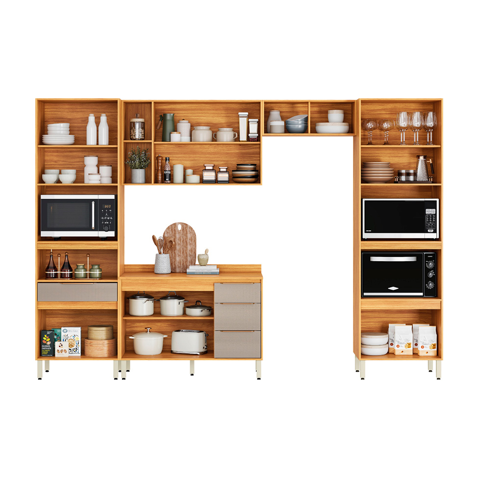 Cozinha Compacta com Vidro Reflecta Plena 13 Portas 4 Gavetas Nude e Cinamomo