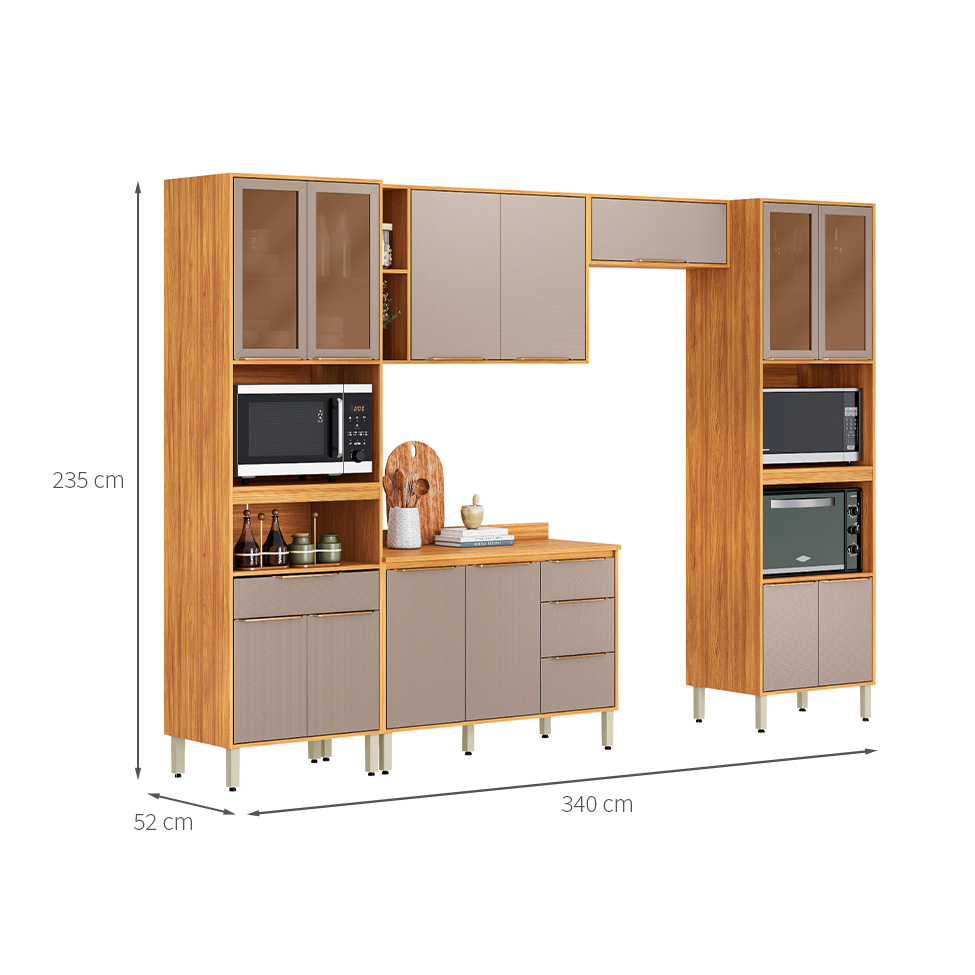 Cozinha Compacta com Vidro Reflecta Plena 13 Portas 4 Gavetas Nude e Cinamomo
