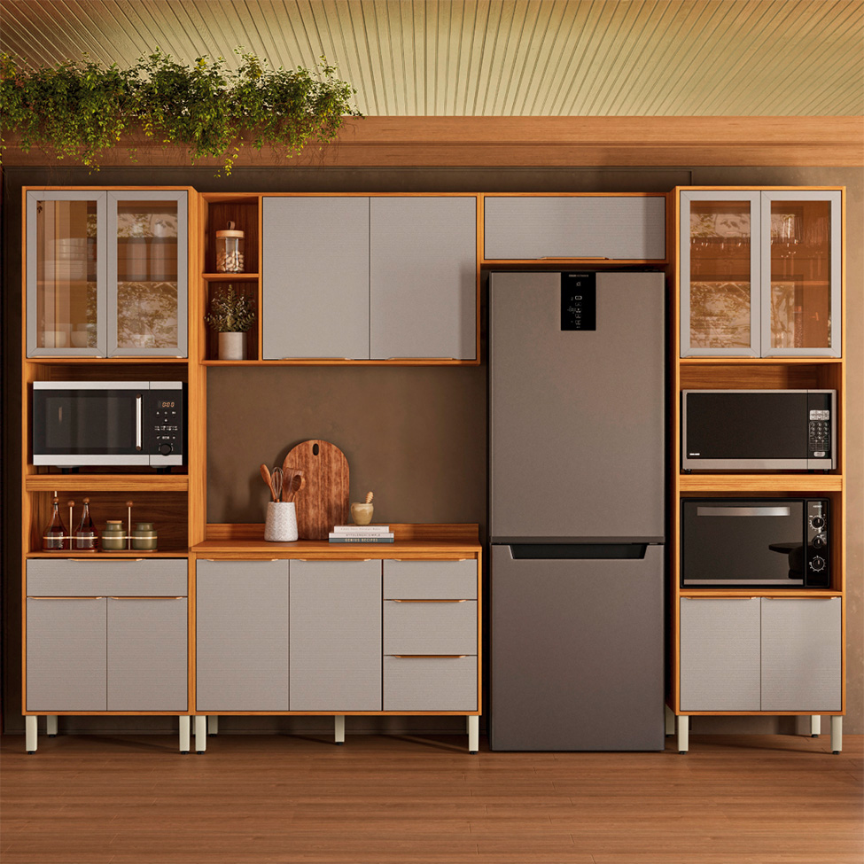 Cozinha Compacta com Vidro Reflecta Plena 13 Portas 4 Gavetas Nude e Cinamomo