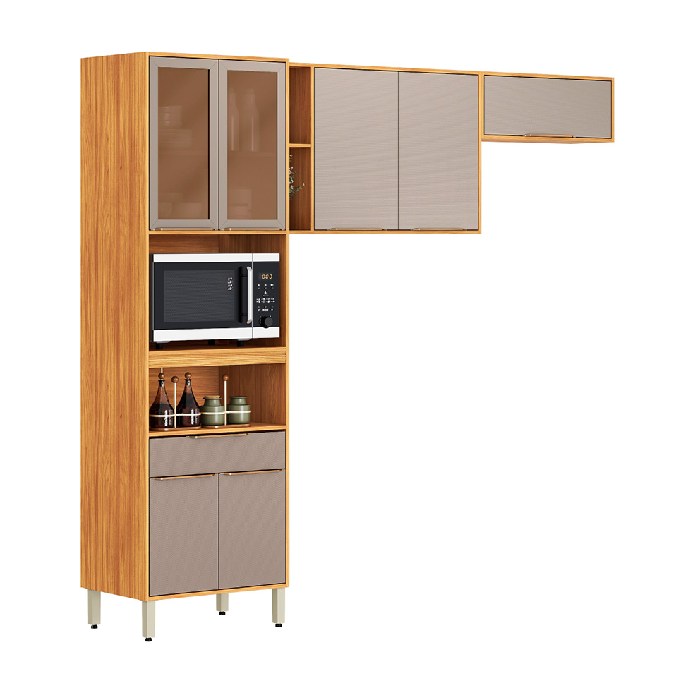 Cozinha Compacta com Vidro Reflecta Plena 7 Portas 1 Gaveta Nude e Cinamomo