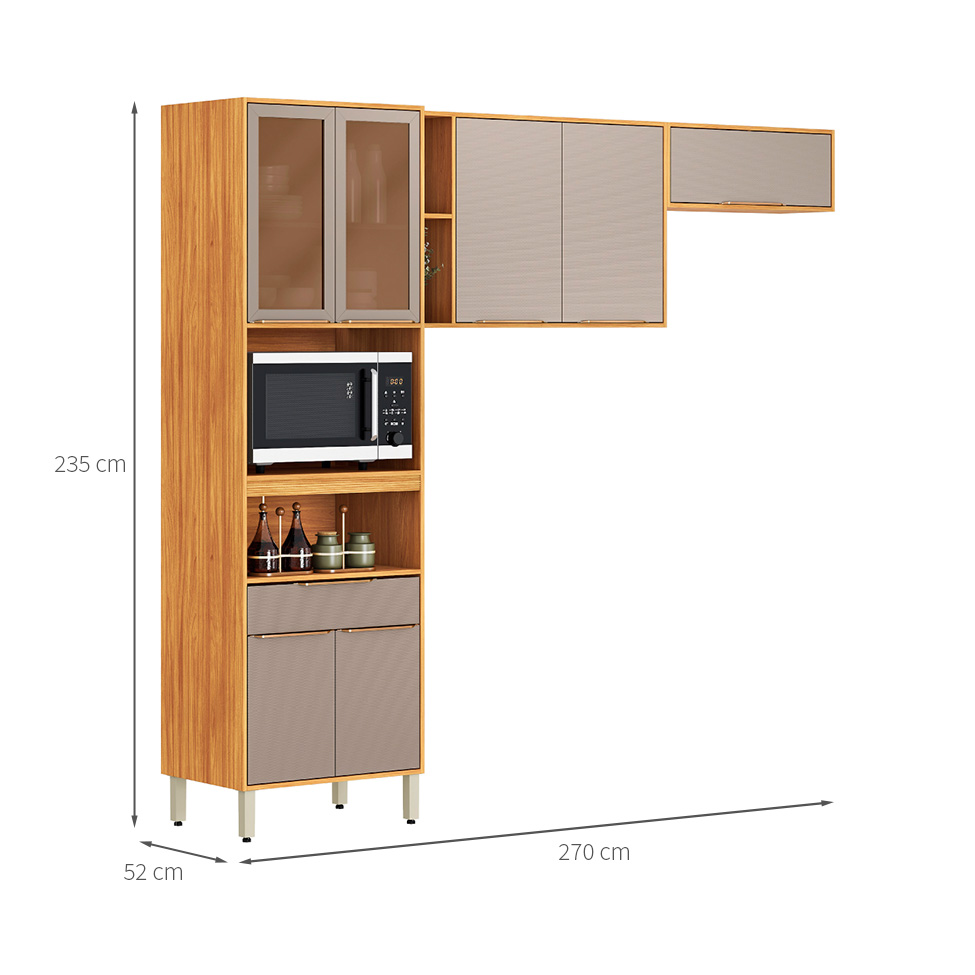 Cozinha Compacta com Vidro Reflecta Plena 7 Portas 1 Gaveta Nude e Cinamomo