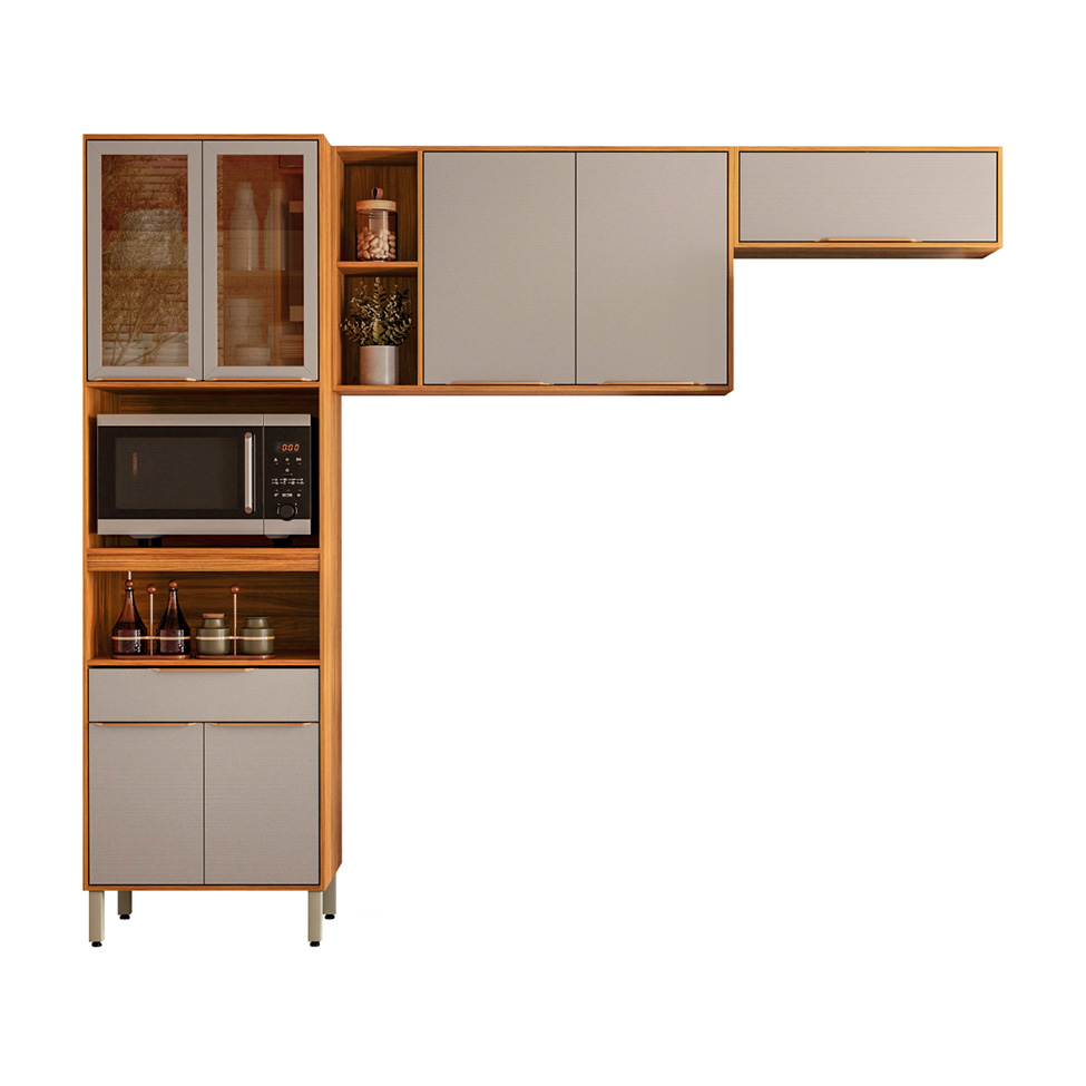 Cozinha Compacta com Vidro Reflecta Plena 7 Portas 1 Gaveta Nude e Cinamomo