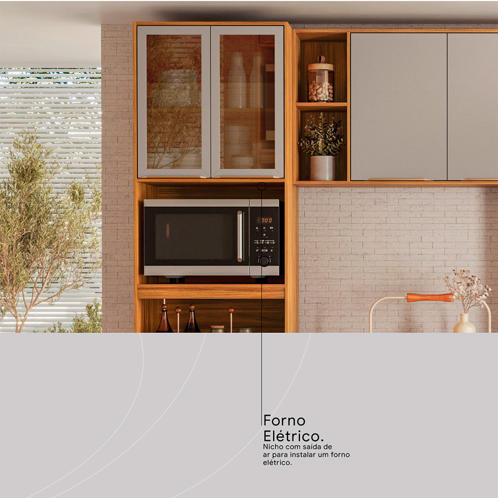 Cozinha Compacta com Vidro Reflecta Plena 7 Portas 1 Gaveta Nude e Cinamomo