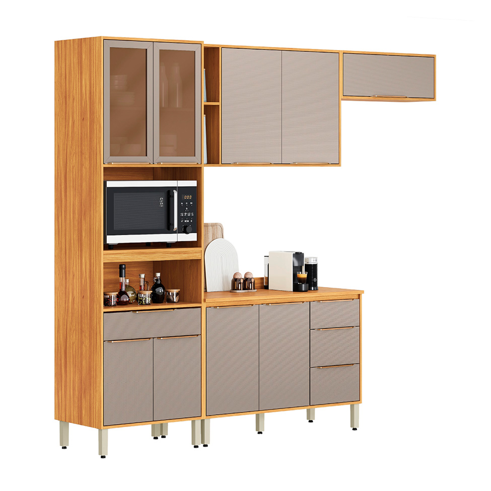 Cozinha Compacta com Vidro Reflecta Plena 9 Portas 4 Gavetas Nude e Cinamomo