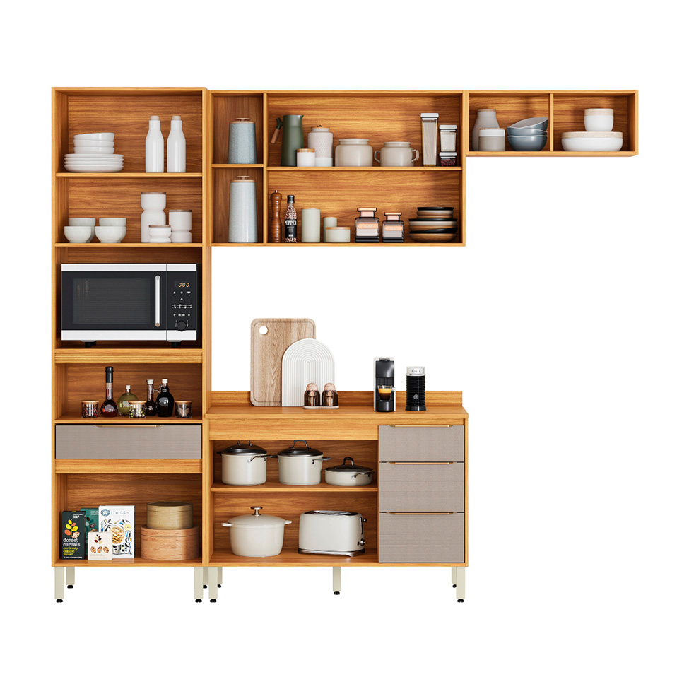 Cozinha Compacta com Vidro Reflecta Plena 9 Portas 4 Gavetas Nude e Cinamomo