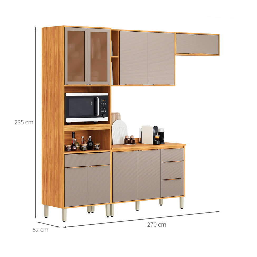 Cozinha Compacta com Vidro Reflecta Plena 9 Portas 4 Gavetas Nude e Cinamomo