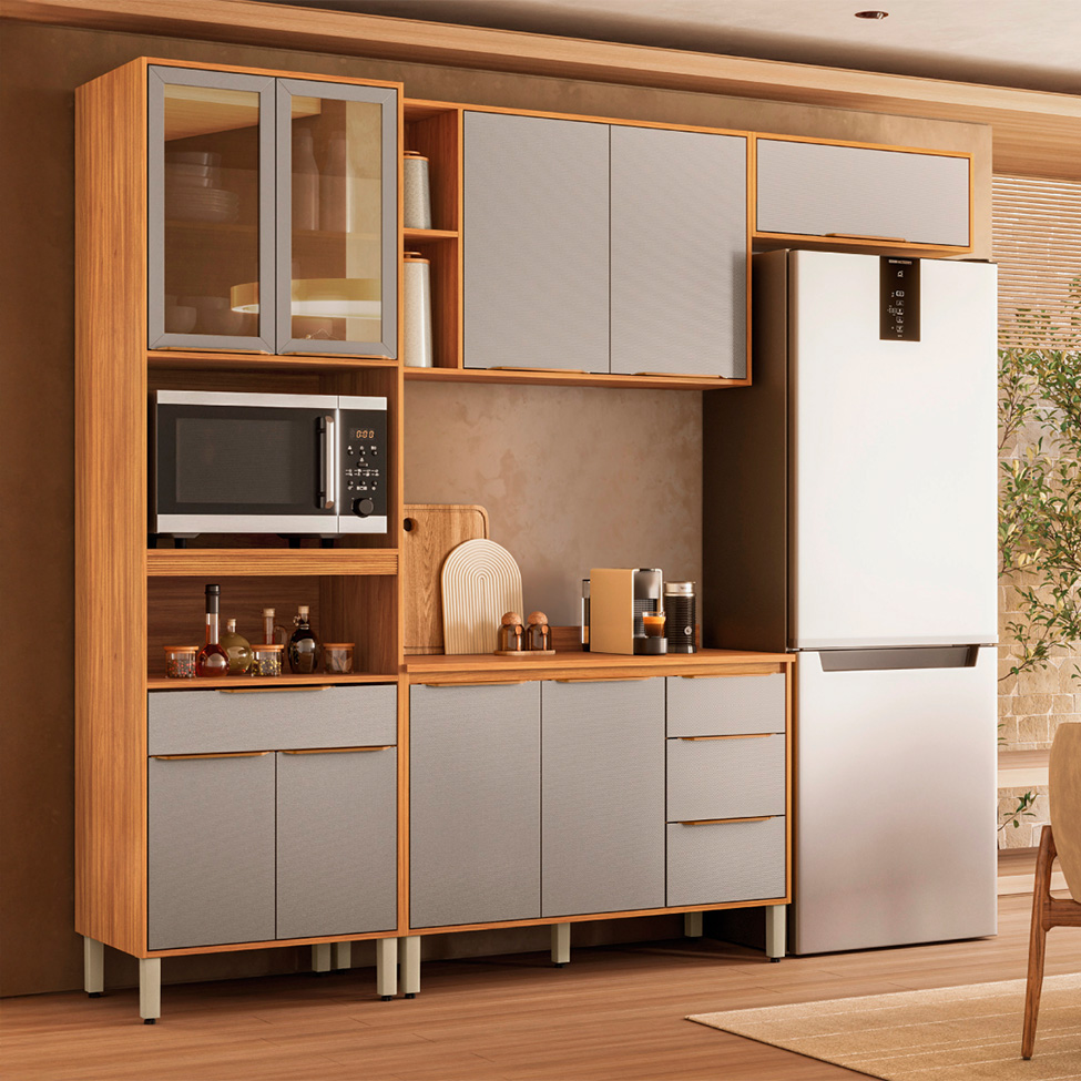 Cozinha Compacta com Vidro Reflecta Plena 9 Portas 4 Gavetas Nude e Cinamomo