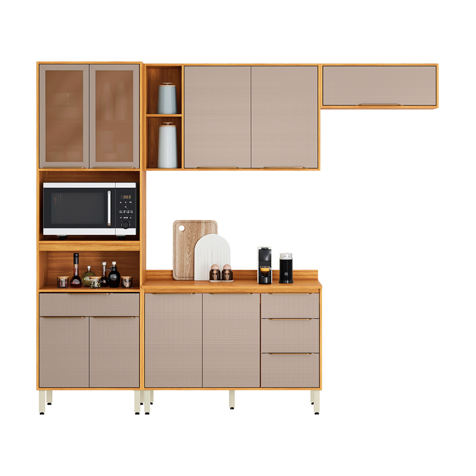 Cozinha Compacta com Vidro Reflecta Plena 9 Portas 4 Gavetas Nude e Cinamomo