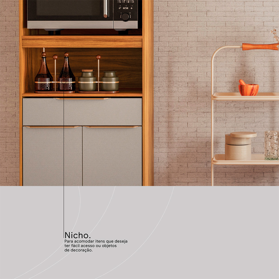 Cozinha Compacta com Vidro Reflecta Plena 9 Portas 4 Gavetas Nude e Cinamomo