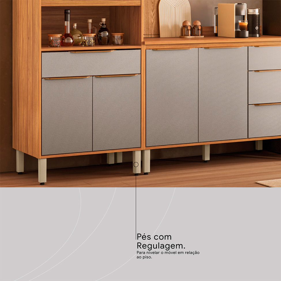 Cozinha Compacta com Vidro Reflecta Plena 9 Portas 4 Gavetas Nude e Cinamomo