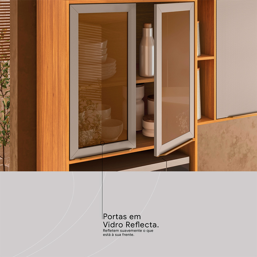 Cozinha Compacta com Vidro Reflecta Plena 9 Portas 4 Gavetas Nude e Cinamomo