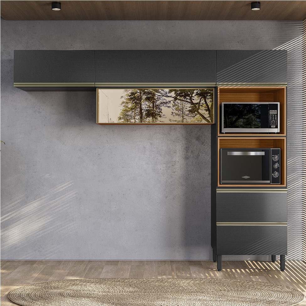 Cozinha Compacta com Vidro Reflecta Proença 5 Portas 1 Gaveta Carbono e Nogueira