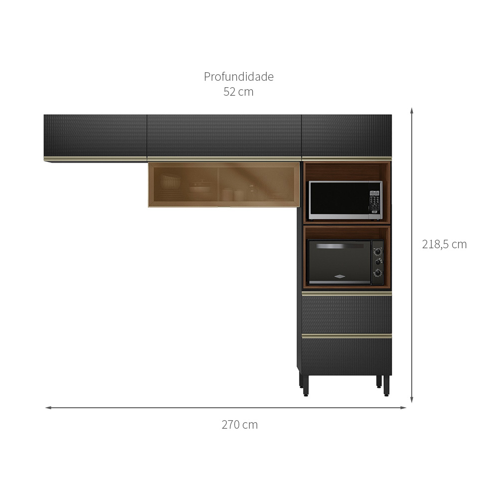 Cozinha Compacta com Vidro Reflecta Proença 5 Portas 1 Gaveta Carbono e Nogueira