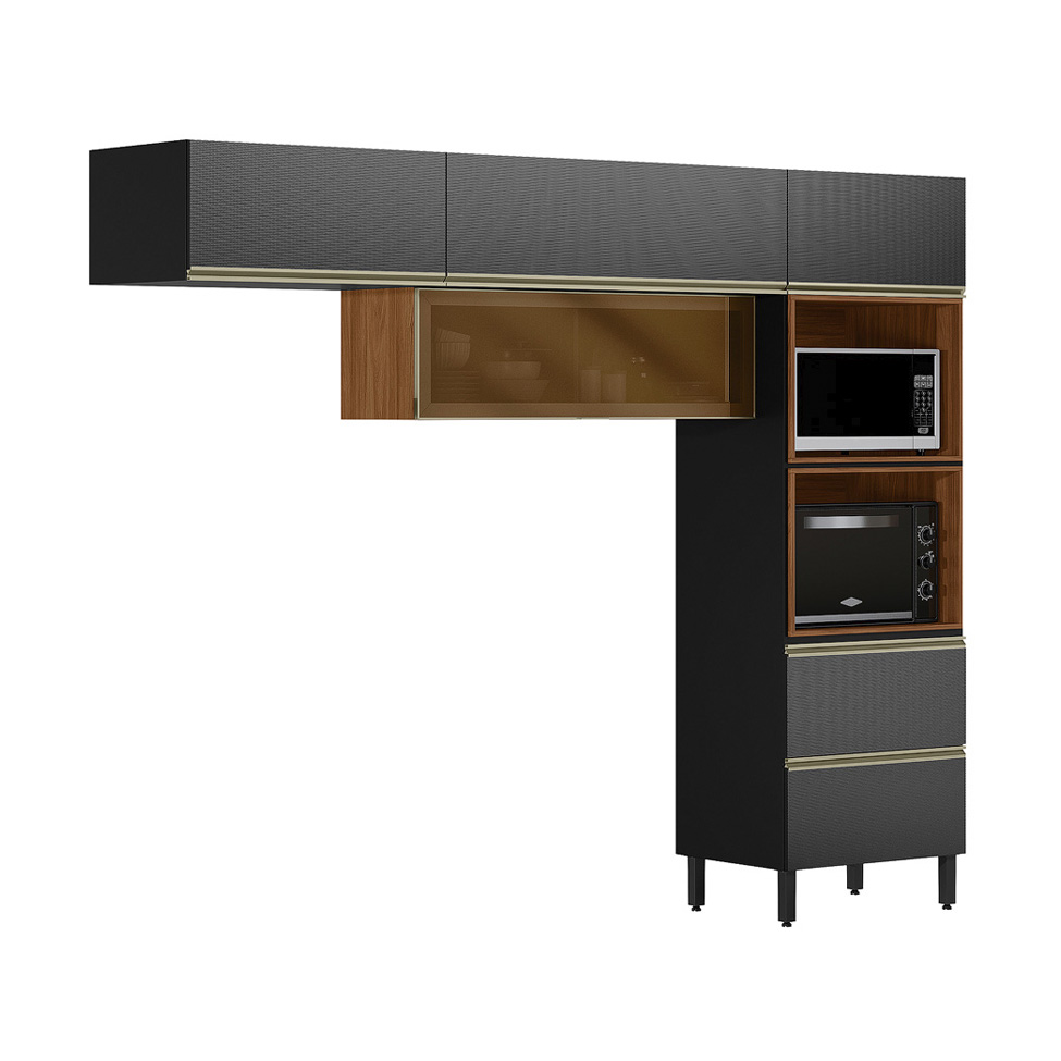 Cozinha Compacta com Vidro Reflecta Proença 5 Portas 1 Gaveta Carbono e Nogueira