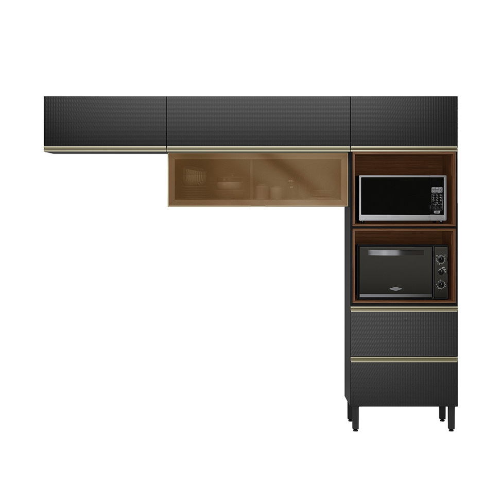 Cozinha Compacta com Vidro Reflecta Proença 5 Portas 1 Gaveta Carbono e Nogueira