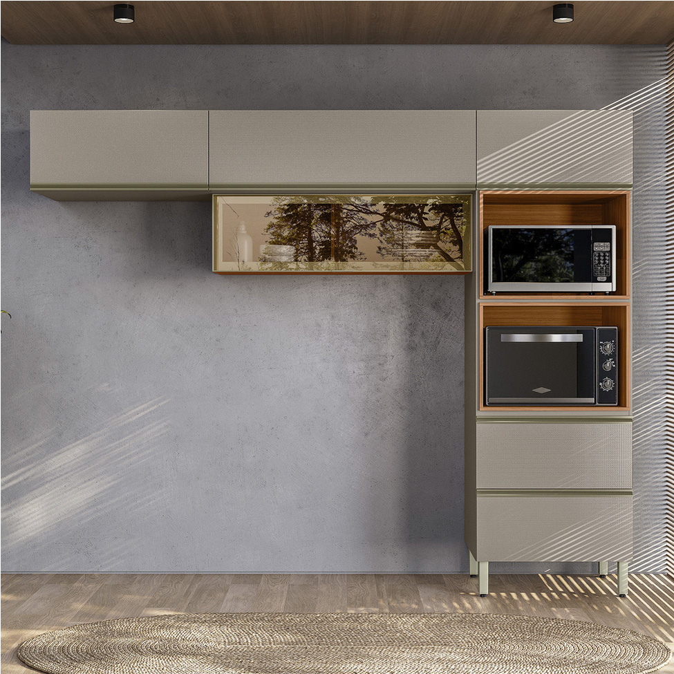 Cozinha Compacta com Vidro Reflecta Proença 5 Portas 1 Gaveta Nude e Nogueira