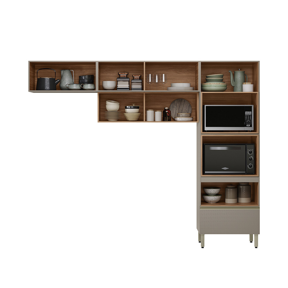 Cozinha Compacta com Vidro Reflecta Proença 5 Portas 1 Gaveta Nude e Nogueira