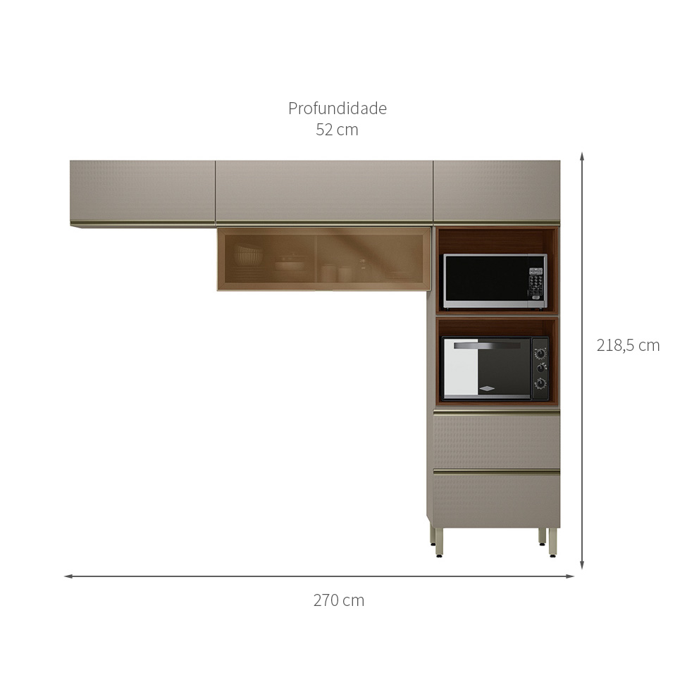 Cozinha Compacta com Vidro Reflecta Proença 5 Portas 1 Gaveta Nude e Nogueira