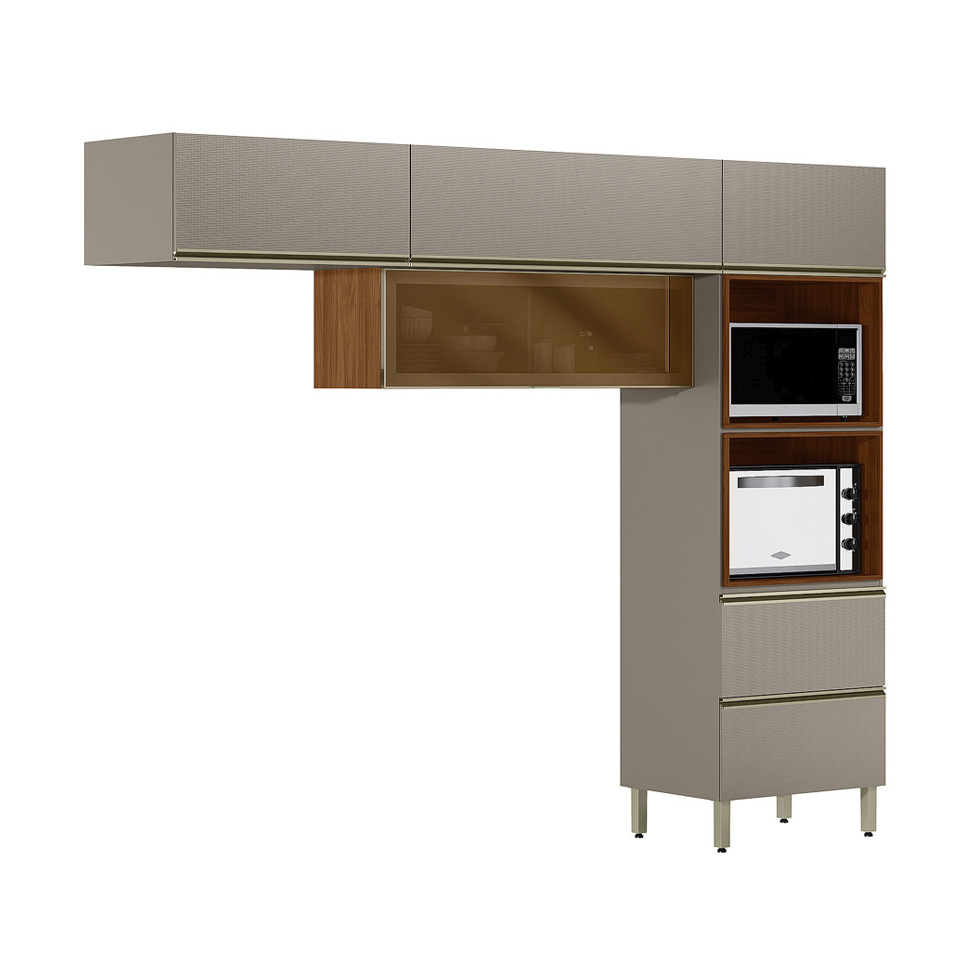 Cozinha Compacta com Vidro Reflecta Proença 5 Portas 1 Gaveta Nude e Nogueira
