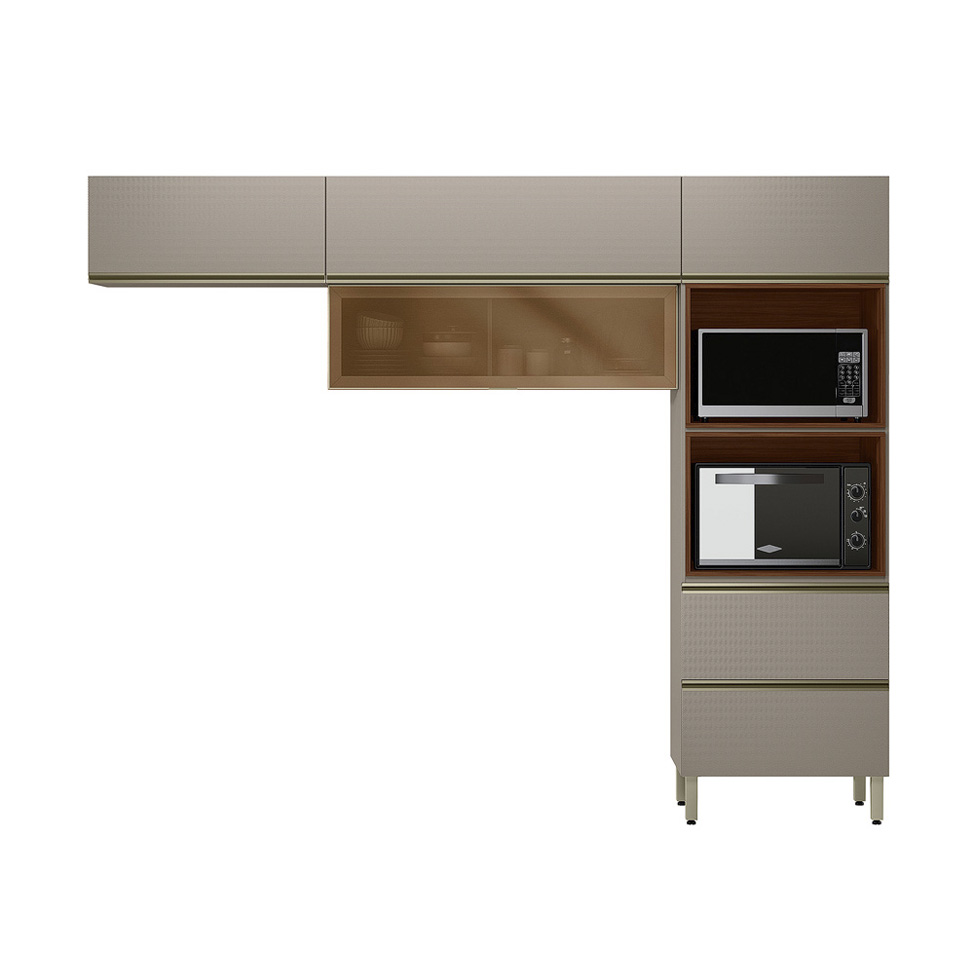 Cozinha Compacta com Vidro Reflecta Proença 5 Portas 1 Gaveta Nude e Nogueira