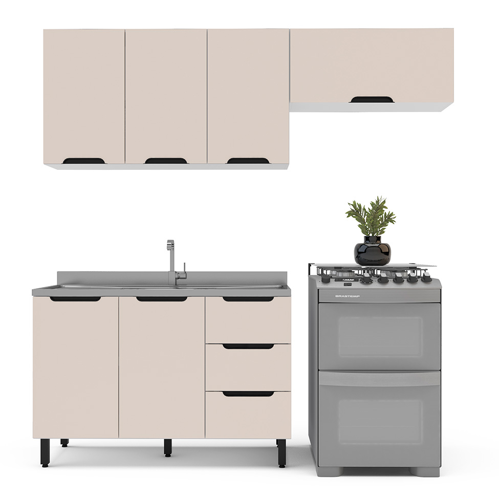 Cozinha Compacta sem Tampo Meena 6 Portas 3 Gavetas Creme e Branca